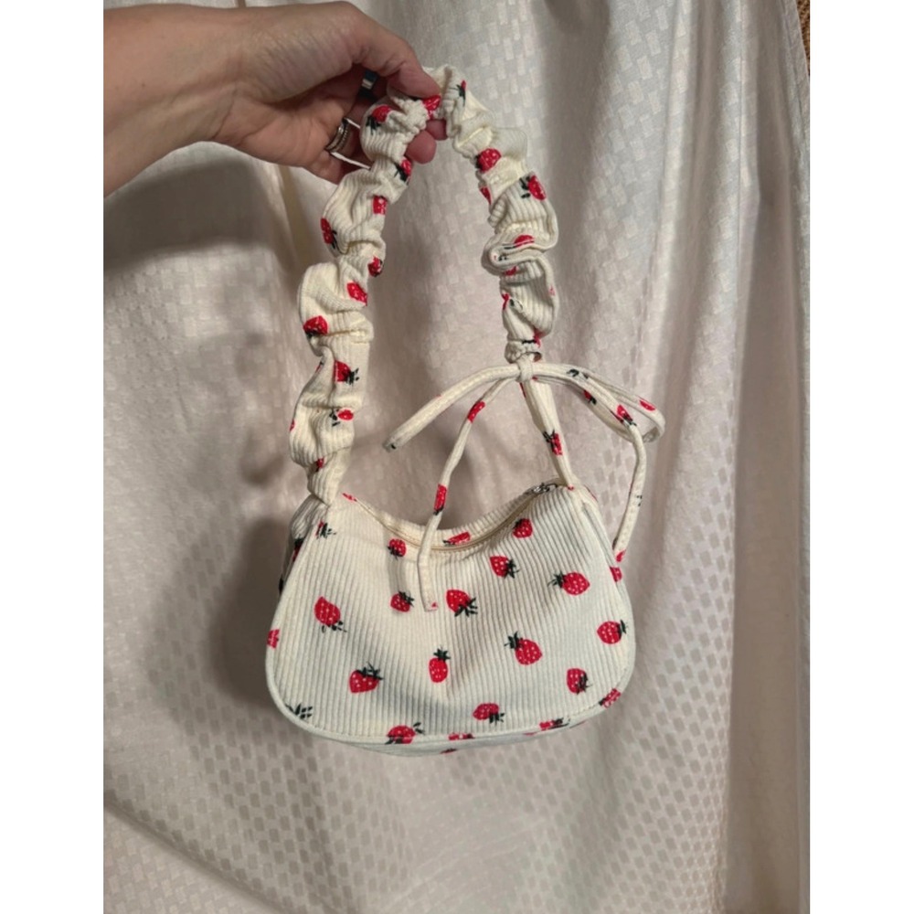 Strawberry Print Corduroy Shoulder Bag Cream Ruched Handle Bag Mini